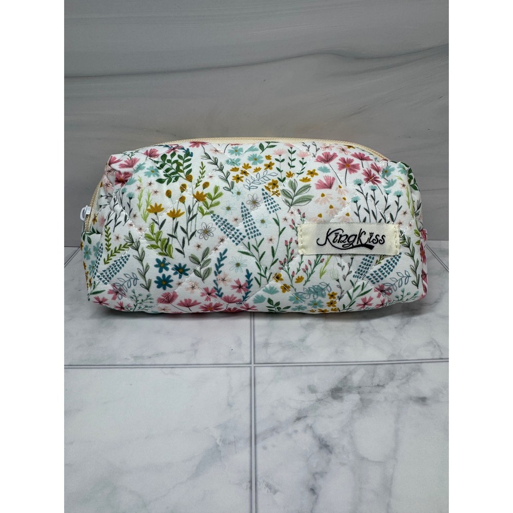 Kingkiss Floral Quilted Cosmetic Bag Makeup Travel Pouch White Pink Yellow NEW